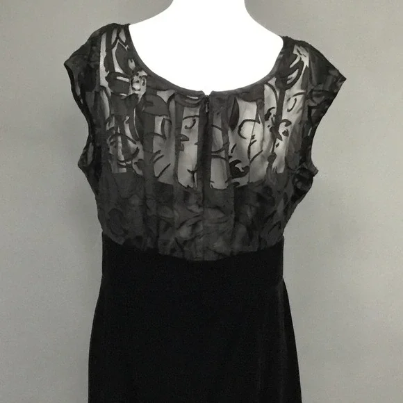 AGB Dress Womens 12 Black Velvet Skirt Sheer Bodice Cocktail Midi Illusion - Picture 5 of 9